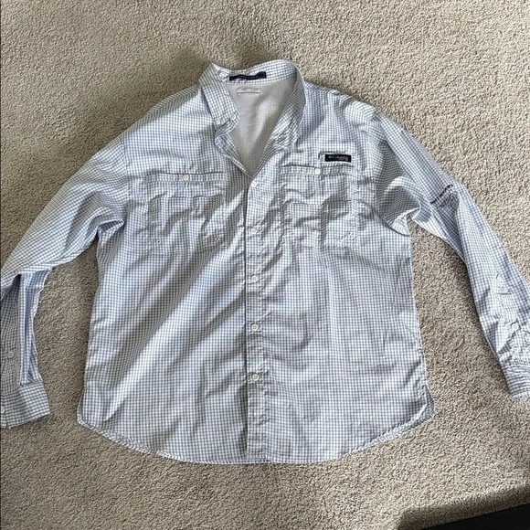 Columbia Men's PFG Light Blue Plaid Shirt - Picture 1 of 3